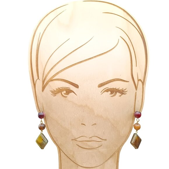 Vintage Dangling Earrings With Root Beer & Burgundy Marbled Beads and Diamond - Picture 3 of 3